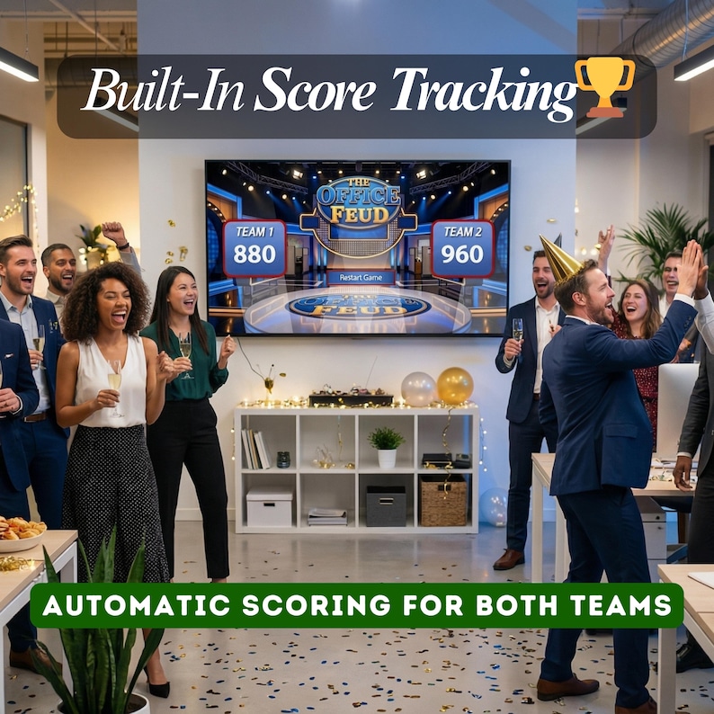 K&ouml;nnte beinhalten: Eine Gruppe von Menschen feiert vor einem gro&szlig;en Bildschirm, auf dem das Spiel "The Office Feud" zu sehen ist. Der Bildschirm zeigt die Ergebnisse f&uuml;r zwei Teams mit dem Text "Built-In Score Tracking" und "Automatic Scoring for Both Teams".