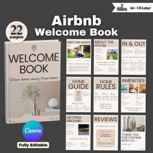 May include: A 22-page welcome book for Airbnb guests, with a beige and brown color scheme. The cover features the text "Welcome Book" and "Your home away from home". The book includes sections on meeting the hosts, about the house, in and out, home guide, home rules, amenities, getting around, reviews, and a thank you for staying with us message.