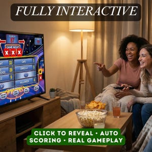 May include: Two women are smiling while watching a game show on a large TV. The TV screen displays a game night theme with the text "GAME NIGHT" and game options. A coffee table holds snacks and drinks. The text "FULLY INTERACTIVE" and "CLICK TO REVEAL &bull; AUTO SCORING &bull; REAL GAMEPLAY" are also visible.