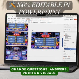 May include: A laptop screen displays a game show template in PowerPoint. The screen shows a game board with categories and point values. Text on the screen reads "100% Editable in PowerPoint" and "Change Questions, Answers, Points & Visuals."