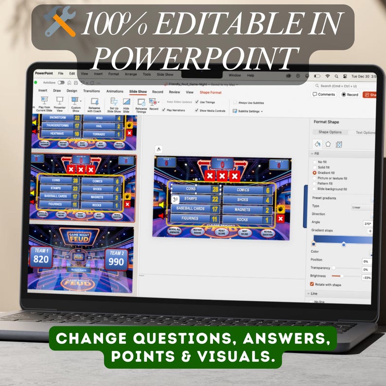 May include: A laptop screen displays a game show template in PowerPoint. The screen shows a game board with categories and point values. Text on the screen reads "100% Editable in PowerPoint" and "Change Questions, Answers, Points & Visuals."
