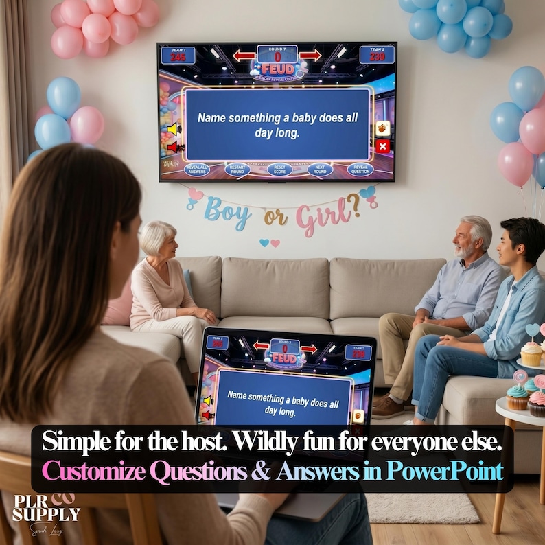 K&ouml;nnte beinhalten: Eine Gender-Reveal-Party mit Spielshow-Thema. Ein Laptop und ein Fernseher zeigen ein Spielbrett mit der Frage "Nennen Sie etwas, das ein Baby den ganzen Tag lang tut." Rosa und blaue Luftballons und ein Banner "Boy or Girl?" schm&uuml;cken den Raum.