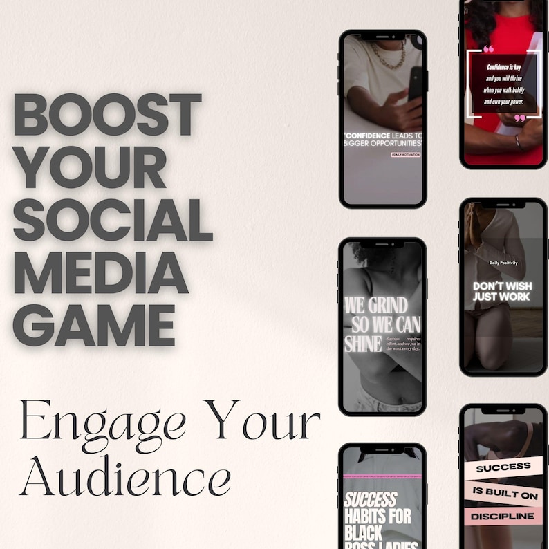 May include: A collage of six smartphone screens with motivational quotes and images. The quotes include "Confidence is key", "Confidence leads to bigger opportunities", "We grind so we can shine", "Don't wish just work", "Success habits for black boss ladies", and "Success is built on discipline".