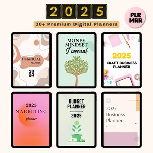 May include: A collection of digital planner covers for 2025. The covers feature various designs, including a financial planner with a brown and beige abstract design, a money mindset journal with a green money tree, a craft business planner with a pink and white design, a marketing planner with a pink and orange gradient, a budget planner with a green plant and money, and a business planner with a pink and white design.