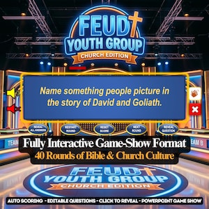 以下が含まれることがあります： 「FEUD Youth Group Church Edition」のテキストが表示されたデジタルゲームショーのプレゼンテーション。ゲームショーは、ダビデとゴリアテの物語に関する質問を特徴としています。プレゼンテーションにはインタラクティブな要素が含まれており、教会の文化向けに設計されています。