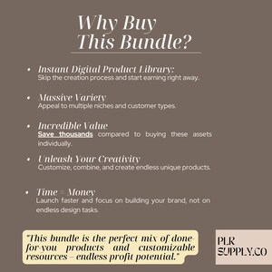 Pode incluir: Um gr&aacute;fico com o texto "Why Buy This Bundle?" e uma lista de raz&otilde;es para comprar um pacote de produtos digitais. As raz&otilde;es incluem: Instant Digital Product Library, Massive Variety, Incredible Value, Unleash Your Creativity e Time = Money. O gr&aacute;fico tamb&eacute;m inclui o texto "This bundle is the perfect mix of done-for-you products and customizable resources - endless profit potential." e o texto "PLR SUPPLY.CO".