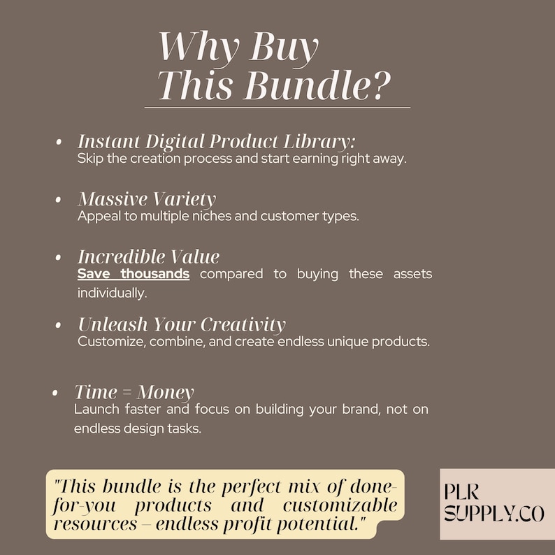 Pode incluir: Um gr&aacute;fico com o texto "Why Buy This Bundle?" e uma lista de raz&otilde;es para comprar um pacote de produtos digitais. As raz&otilde;es incluem: Instant Digital Product Library, Massive Variety, Incredible Value, Unleash Your Creativity e Time = Money. O gr&aacute;fico tamb&eacute;m inclui o texto "This bundle is the perfect mix of done-for-you products and customizable resources - endless profit potential." e o texto "PLR SUPPLY.CO".