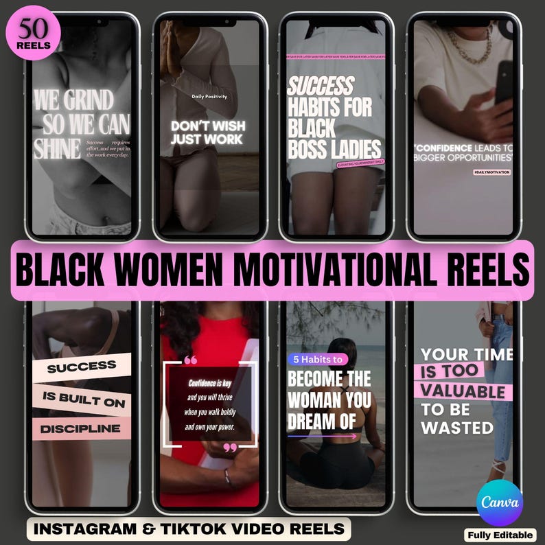 May include: A collage of nine Instagram and TikTok video reels with motivational quotes for Black women. The reels feature images of Black women in various poses, including working out, meditating, and posing confidently. The quotes include "We grind so we can shine", "Don't wish just work", "Success habits for Black boss ladies", "Confidence leads to bigger opportunities", "Success is built on discipline", "Confidence is key and you will thrive when you walk boldly and own your power", "5 Habits to become the woman you dream of", and "Your time is too valuable to be wasted".