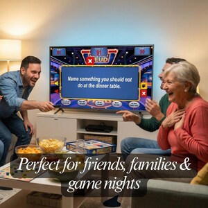 May include: A group of people are gathered around a television playing a game. The TV screen displays a game show question: "Name something you should not do at the dinner table." Snacks and a board game are on the table. The text "Perfect for friends, families & game nights" is at the bottom.