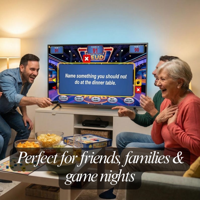 May include: A group of people are gathered around a television playing a game. The TV screen displays a game show question: "Name something you should not do at the dinner table." Snacks and a board game are on the table. The text "Perfect for friends, families & game nights" is at the bottom.