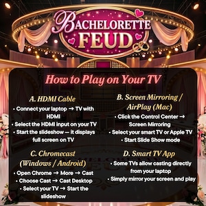 Op de afbeelding: Een instructieafbeelding voor het spel Bachelorette Feud met een roze en gouden podiumachtergrond. De tekst legt uit hoe je op een tv speelt via een HDMI-kabel, schermspiegeling, AirPlay, Chromecast of een smart-tv-app met stapsgewijze instructies.