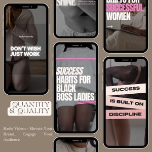 May include: A collection of motivational quotes for women, with a pink and black color scheme. The quotes include "Don't Wish Just Work", "Success Habits for Black Boss Ladies", "Success is Built on Discipline", and "Shine".