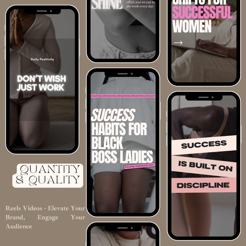 May include: A collection of motivational quotes for women, with a pink and black color scheme. The quotes include "Don't Wish Just Work", "Success Habits for Black Boss Ladies", "Success is Built on Discipline", and "Shine".