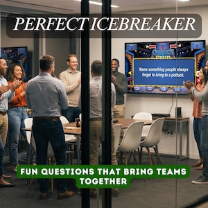 K&ouml;nnte beinhalten: In einem B&uuml;ro klatschen Menschen, w&auml;hrend ein Bildschirm eine Spielshow zeigt. Der Bildschirm zeigt "OFFICE FEUD" und eine Frage. Der Text oben lautet "PERFECT ICEBREAKER" und unten "FUN QUESTIONS THAT BRING TEAMS TOGETHER."