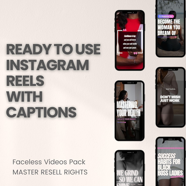 May include: A collection of Instagram Reels with captions for use in social media marketing. The Reels feature motivational quotes and images of women. The text on the Reels includes "Mastering Your Health", "5 Habits to Become the Woman You Dream Of", "We Grind So We Can Shine", "Success Habits for Black Boss Ladies", and "Don't Wish Just Work".