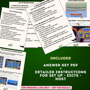 May include: A green background with white text that says "INCLUDED ANSWER KEY PDF + DETAILED INSTRUCTIONS FOR SET UP - EDITS - HOST". There are also instructions on how to run the game.