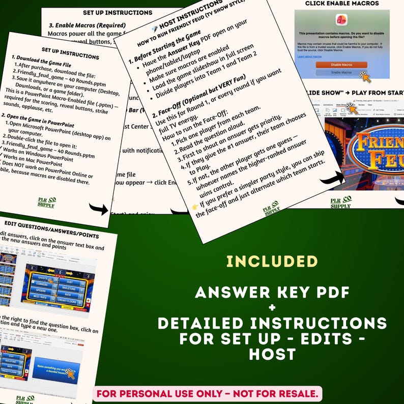 May include: A green background with white text that says "INCLUDED ANSWER KEY PDF + DETAILED INSTRUCTIONS FOR SET UP - EDITS - HOST". There are also instructions on how to run the game.