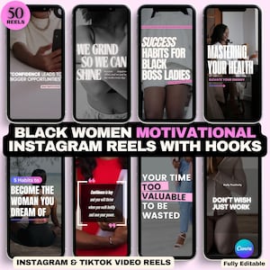 Op de afbeelding: Een set van 50 Instagram-reel-sjablonen voor motiverende content met zwarte vrouwen. De reels bevatten tekst zoals "Zelfvertrouwen leidt tot grotere kansen", "We werken hard om te stralen", "Succesgewoontes voor zwarte baasvrouwen", "Je gezondheid beheersen", "5 gewoontes om de vrouw te worden van wie je droomt", "Je tijd is te waardevol om verspild te worden", en "Wens niet, werk".