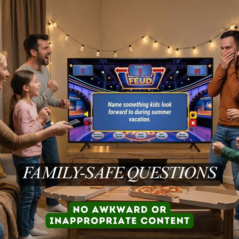 May include: A family is gathered around a television playing a game. The screen displays a game show with the text "Family Feud." The text "Family-Safe Questions" and "No Awkward or Inappropriate Content" are also visible.