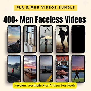 K&ouml;nnte beinhalten: Ein Bild, das ein digitales Produktpaket mit dem Titel "PLR & MRR VIDEOS BUNDLE" mit "400+ Men Faceless Videos" bewirbt. Das Bild zeigt mehrere Smartphones, die &auml;sthetische Videos f&uuml;r Reels anzeigen. Das untere Banner lautet "Faceless Aesthetic Men Videos For Reels."