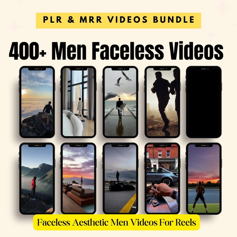 K&ouml;nnte beinhalten: Ein Bild, das ein digitales Produktpaket mit dem Titel "PLR & MRR VIDEOS BUNDLE" mit "400+ Men Faceless Videos" bewirbt. Das Bild zeigt mehrere Smartphones, die &auml;sthetische Videos f&uuml;r Reels anzeigen. Das untere Banner lautet "Faceless Aesthetic Men Videos For Reels."