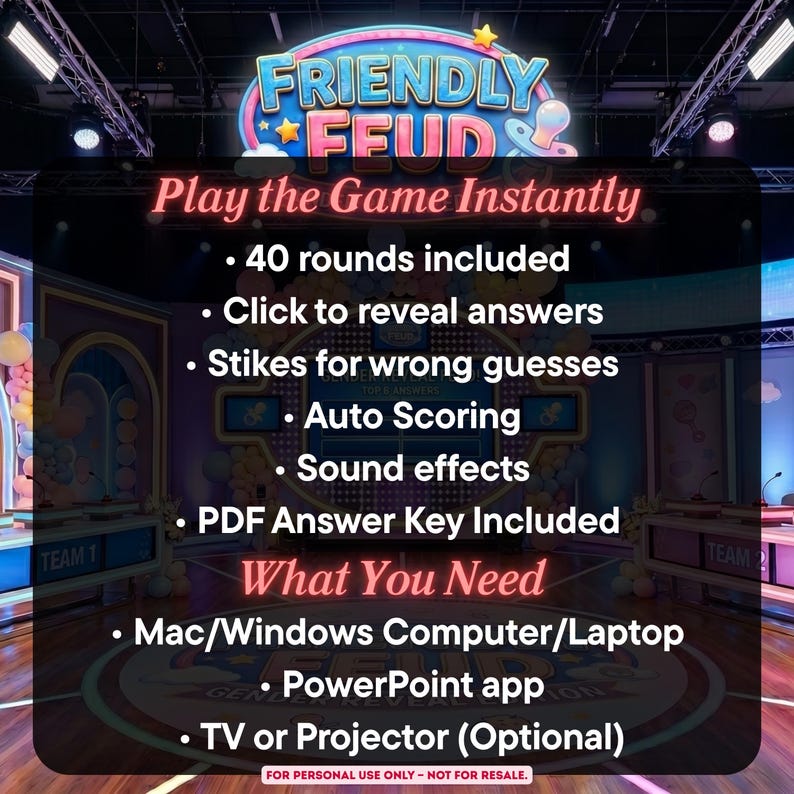 K&ouml;nnte beinhalten: Digitale Spielpr&auml;sentation "Friendly Feud" in Blau und Rosa. Das Bild listet Funktionen wie 40 Runden, automatische Punktevergabe und Soundeffekte auf. Ben&ouml;tigt einen Computer und PowerPoint.