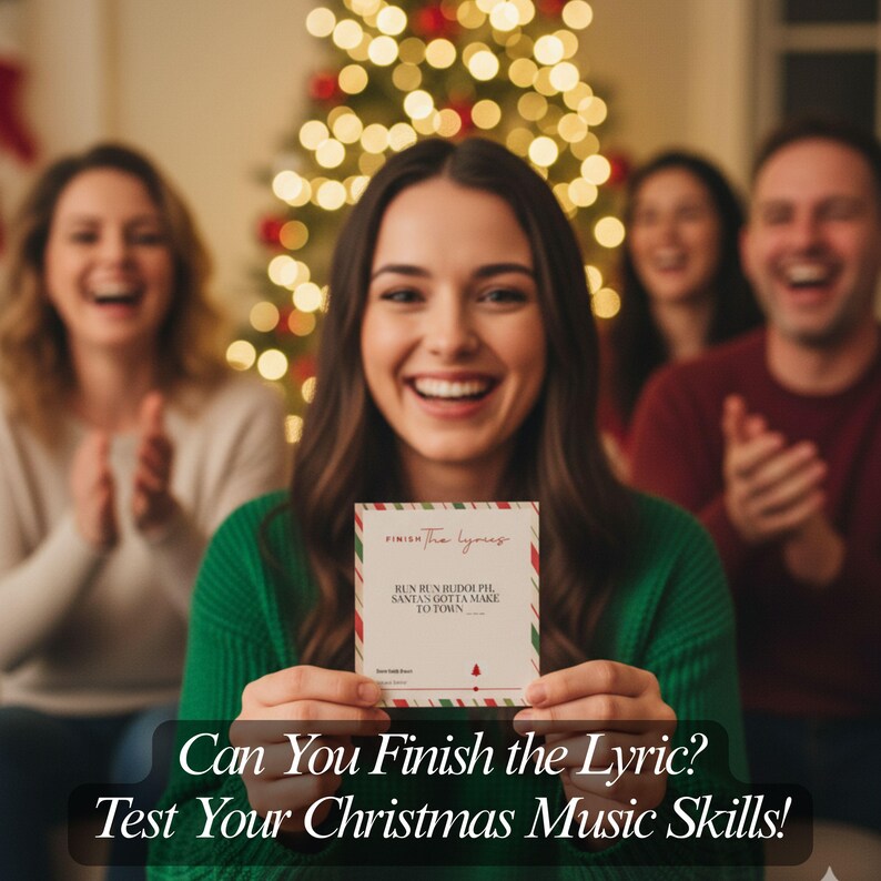 以下が含まれることがあります： 女性が「Finish the Lyrics」というテキストとクリスマスの歌の一部が書かれたカードを持っています。カードは赤と緑のストライプで装飾されています。画像には「Can You Finish the Lyric? Test Your Christmas Music Skills!」というテキストも含まれています。