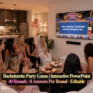 Op de afbeelding: Een interactief Bachelorette Feud PowerPoint-gezelschapsspel weergegeven op een groot aan de muur gemonteerd televisiescherm. De digitale spelinterface bevat een blauw vragenvak met de tekst, Name something a bachelorette party goes through too fast.