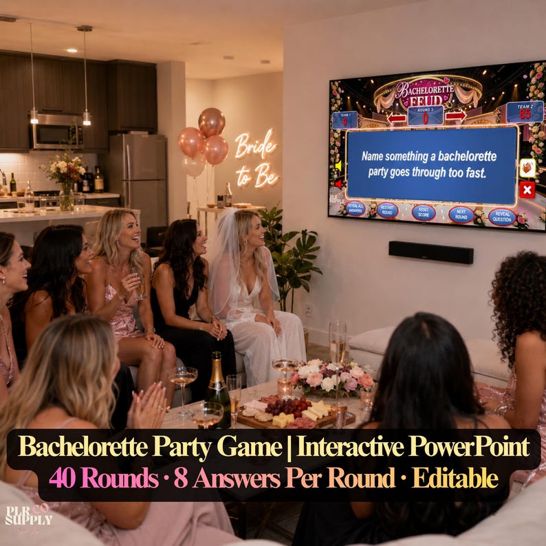 Op de afbeelding: Een interactief Bachelorette Feud PowerPoint-gezelschapsspel weergegeven op een groot aan de muur gemonteerd televisiescherm. De digitale spelinterface bevat een blauw vragenvak met de tekst, Name something a bachelorette party goes through too fast.
