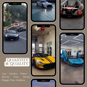May include: A collage of images featuring various luxury cars, including a black Aston Martin, a white Nissan GT-R, a yellow McLaren, a blue Lamborghini, and a black Ford GT. The text "QUANTITY & QUALITY" is displayed in the bottom left corner of the image. The text "Cars Faceless Videos - Elevate Your Brand, Engage Your Audience" is displayed in the bottom left corner of the image.