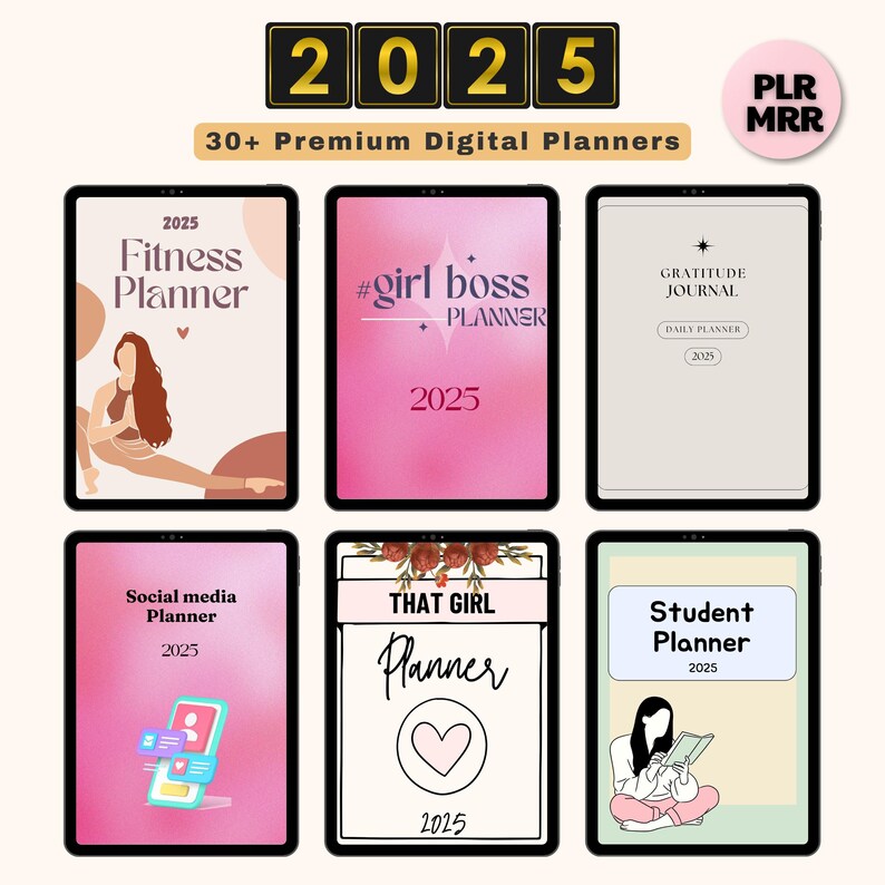 May include: A collection of digital planner covers for 2025. The covers feature various designs, including a fitness planner with a woman doing yoga, a girl boss planner with a pink gradient background, a gratitude journal with a star design, a social media planner with a phone icon, a that girl planner with a heart icon, and a student planner with a person reading a book.