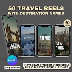 May include: A set of 50 fully editable Instagram and TikTok video reels featuring travel destinations. The reels include images of London, Greece, Rome, and New York City. The text "50 Reels" is in the top right corner of the image.