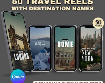 May include: A set of 50 fully editable Instagram and TikTok video reels featuring travel destinations. The reels include images of London, Greece, Rome, and New York City. The text "50 Reels" is in the top right corner of the image.