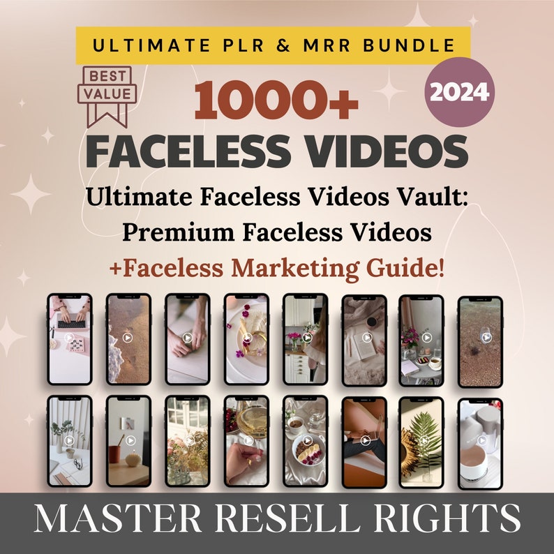 Pode incluir: Um gr&aacute;fico rosa e branco com o texto "ULTIMATE PLR & MRR BUNDLE" e "1000+ FACELESS VIDEOS" em texto vermelho grande e em negrito. O texto "BEST VALUE" est&aacute; em um ret&acirc;ngulo branco com borda vermelha. O texto "2024" est&aacute; em um ret&acirc;ngulo rosa com borda branca. O texto "Ultimate Faceless Videos Vault: Premium Faceless Videos +Faceless Marketing Guide!" est&aacute; em texto preto. Abaixo do texto, h&aacute; 12 imagens de telas de telefones que mostram diferentes v&iacute;deos. O texto "MASTER RESELL RIGHTS" est&aacute; em texto branco grande e em negrito sobre um fundo preto.