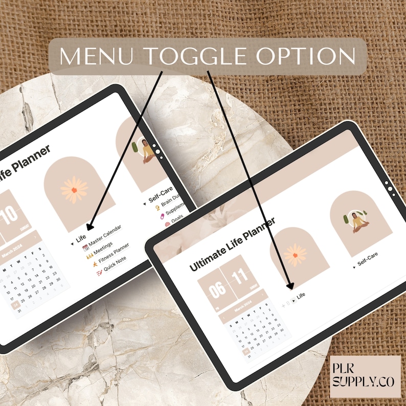 Pode incluir: Duas telas de tablet digital que exibem um aplicativo de planejamento de vida com um calend&aacute;rio, uma lista de tarefas e se&ccedil;&otilde;es de autocuidado. O aplicativo possui uma op&ccedil;&atilde;o de altern&acirc;ncia de menu para alternar entre as diferentes se&ccedil;&otilde;es. O aplicativo tem um design minimalista com um fundo bege e uma ilustra&ccedil;&atilde;o floral.