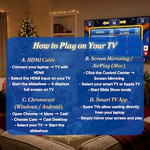 May include: A blue graphic with instructions on how to play on your TV using HDMI cable, Screen Mirroring, Chromecast, or Smart TV App. The image includes a TV screen displaying a game and a Christmas tree in the background.