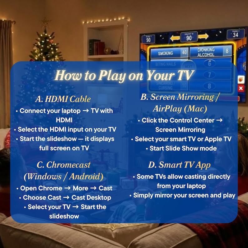 May include: A blue graphic with instructions on how to play on your TV using HDMI cable, Screen Mirroring, Chromecast, or Smart TV App. The image includes a TV screen displaying a game and a Christmas tree in the background.