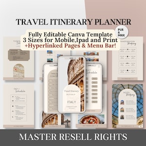 May include: A digital product mockup for a travel itinerary planner template. The template is fully editable in Canva and includes three sizes for mobile, iPad, and print. The template features hyperlinked pages and a menu bar. The image also includes text that says "PLR & MRR" and "Master Resell Rights".
