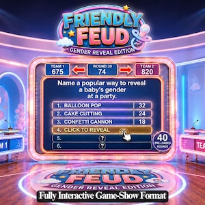 K&ouml;nnte beinhalten: Ein digitaler Spielbildschirm f&uuml;r "Friendly Feud: Gender Reveal Edition". Die Spieltafel zeigt die Punktzahlen, eine Frage zur Babygeschlechtsenth&uuml;llung und Antwortm&ouml;glichkeiten wie "Balloon Pop" und "Cake Cutting". Das Spiel wird als voll interaktives Game-Show-Format beworben.