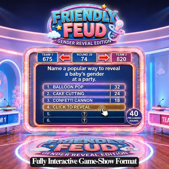 Gender Reveal Friendly Feud Game Night, Editable Powerpoint Baby Shower Party Game for Adults & Families