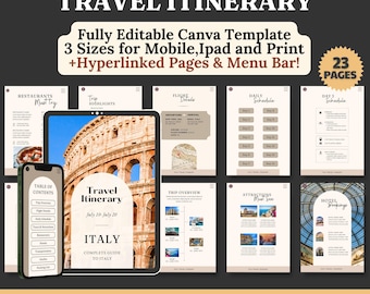 Editable Travel Itinerary Template:PLR Canva Planner with Hyperlinked Pages (Master Resell Rights)