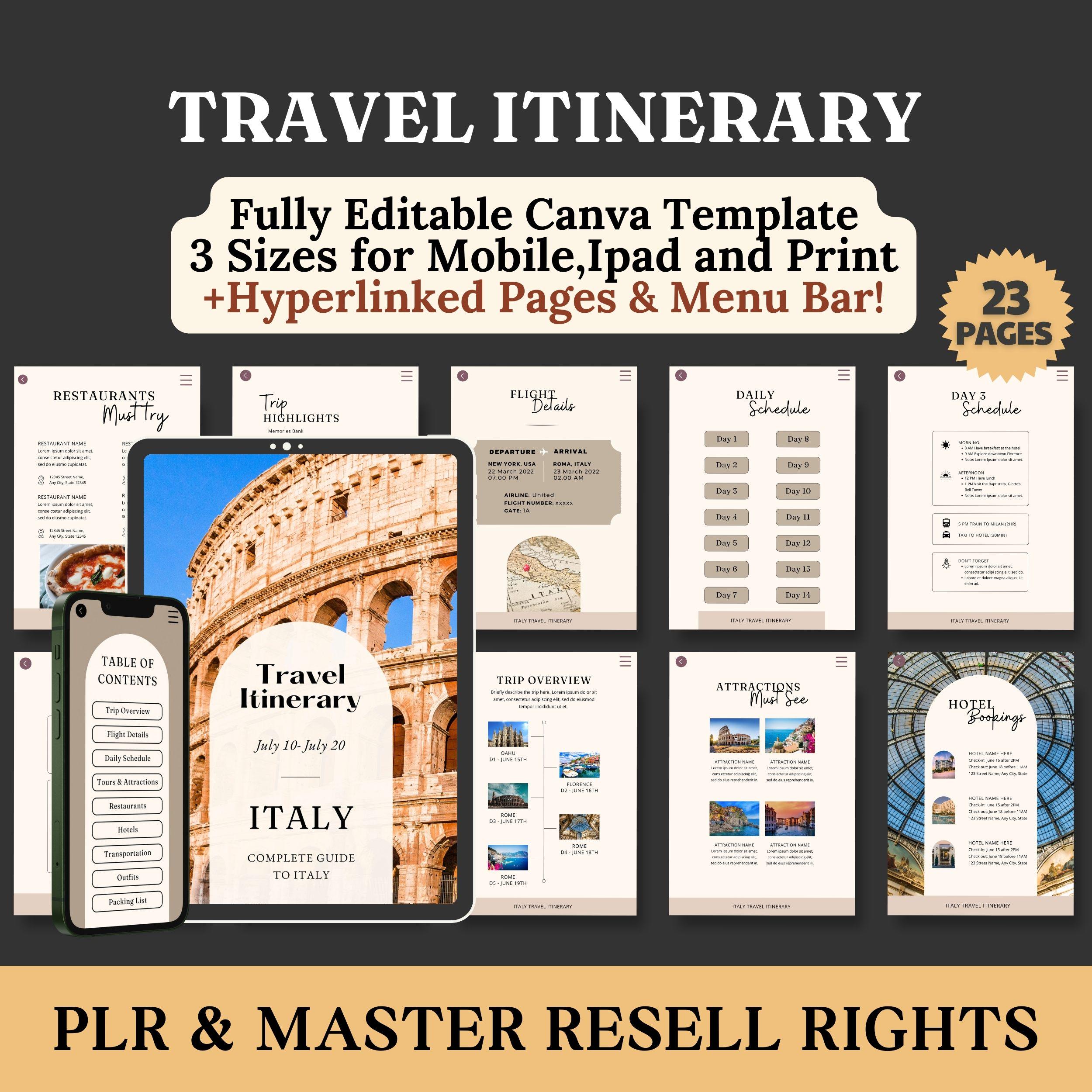 Editable Travel Itinerary Template:plr Canva Planner With Hyperlinked ...
