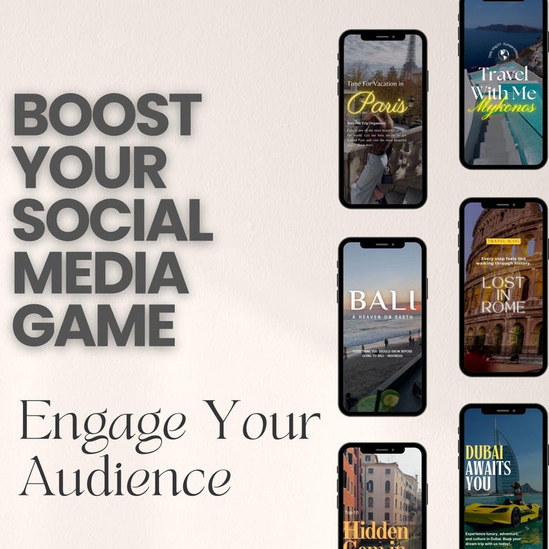 May include: A collage of six smartphone screens showcasing travel destinations. The screens feature images of Paris, Mykonos, Bali, Rome, Venice, and Dubai. The text on the screens includes "Time For Vacation in Paris", "Travel With Me Mykonos", "Bali A Heaven On Earth", "Lost In Rome", "Hidden Gems in Venice", and "Dubai Awaits You".