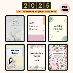 May include: A collection of six digital planner covers for 2025. The covers feature various designs, including a marble background, a pink and orange business theme, a green and white weekly planner, a yellow and green student planner, a colourful homeschooling planner, and a purple and green meal planner.