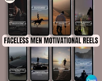 May include: A set of 50 Instagram and TikTok video reels featuring motivational quotes and faceless men in various settings. The quotes include "Success is born in silence and celebrated in the spotlight", "Don't wait for inspiration, be your own motivation", "Risk it all for the dream or settle for less", "You are the architect of your destiny", "Your grind will pay off-trust the process", "A king doesn't wait for opportunities, he creates them", "Chase progress, not perfection", "Your future self is watching, make him proud".
