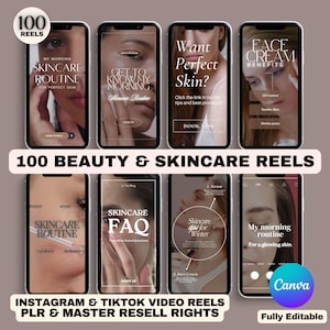 May include: A collection of 100 Instagram and TikTok video reels for beauty and skincare content. The reels feature various topics, including skincare routines, product reviews, and tips for achieving perfect skin. The text on the reels includes phrases like "My Morning Skincare Routine", "Get to Know My Morning Skincare Routine", "Want Perfect Skin?", "Face Cream Benefits", "Skincare FAQ", "Skincare Tips for Winter", and "My Morning Routine for a Glowing Skin". The reels are fully editable and can be used to promote your own beauty and skincare products or services.