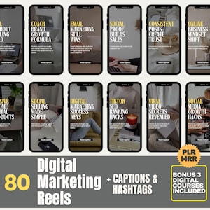 May include: A promotional image showcasing digital marketing resources. The image features multiple smartphone screens with text like "Coach Brand Growth Formula" and "TikTok SEO Ranking Hacks." The text "Digital Marketing Reels" and "Captions & Hashtags" are also visible.