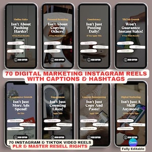 May include: An image showcasing eight smartphone screens with digital marketing advice. The text includes topics such as "Online Sales," "Personal Branding," and "TikTok Growth." The image also states "70 Digital Marketing Instagram Reels with Captions & Hashtags."