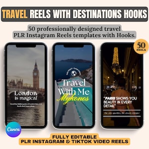 May include: A set of 50 Instagram Reels templates for travel bloggers. The templates feature images of London, Mykonos, and Paris with text overlays. The text includes phrases like "London is magical" and "Paris shows you beauty in every detail".