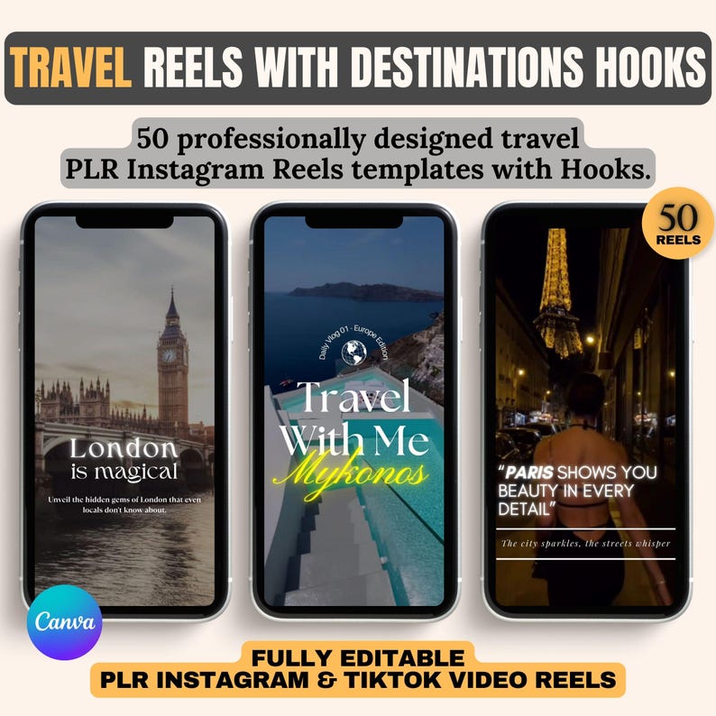 May include: A set of 50 Instagram Reels templates for travel bloggers. The templates feature images of London, Mykonos, and Paris with text overlays. The text includes phrases like "London is magical" and "Paris shows you beauty in every detail".